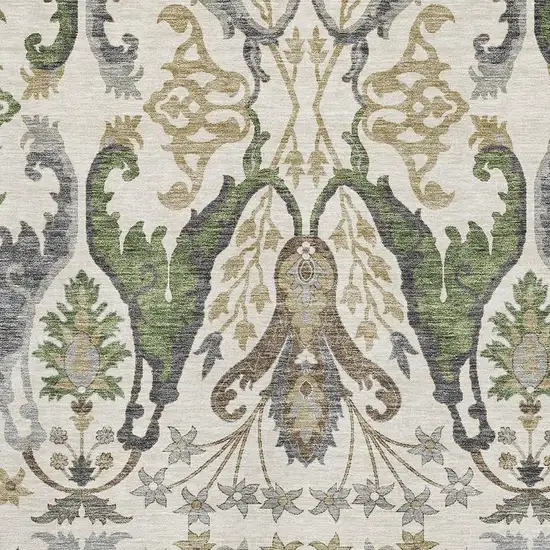 Ivory Olive Green And Brown Floral Washable Area Rug With UV Protection Photo 3