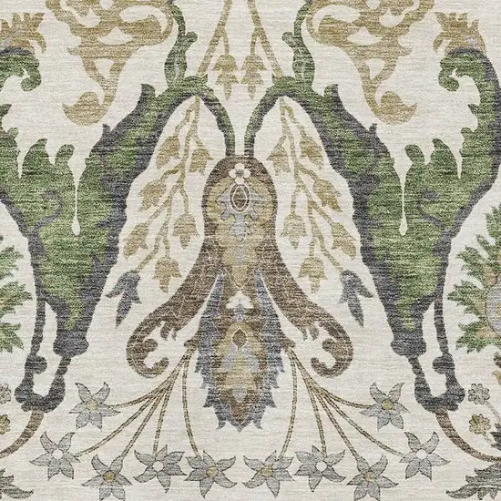 Ivory Olive Green And Brown Floral Washable Area Rug With UV Protection Photo 2
