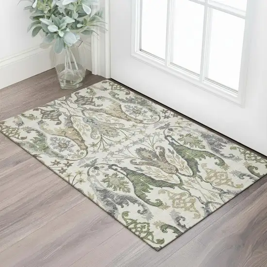 Ivory Olive Green And Brown Floral Washable Area Rug With UV Protection Photo 2