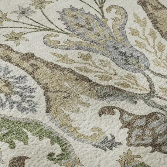Ivory Olive Green And Brown Floral Washable Area Rug With UV Protection Photo 9