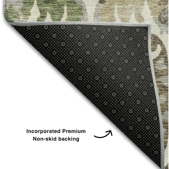 Ivory Olive Green And Brown Floral Washable Area Rug With UV Protection Photo 6
