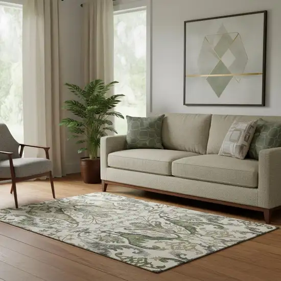 Ivory Olive Green And Brown Floral Washable Area Rug With UV Protection Photo 2
