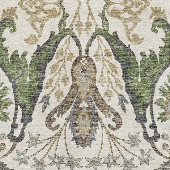 Ivory Olive Green And Brown Floral Washable Area Rug With UV Protection Photo 2