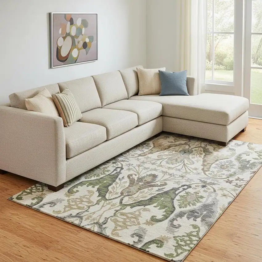 Ivory Olive Green And Brown Floral Washable Area Rug With UV Protection Photo 2