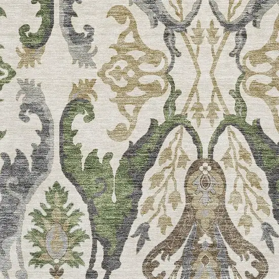 Ivory Olive Green And Brown Floral Washable Area Rug With UV Protection Photo 2