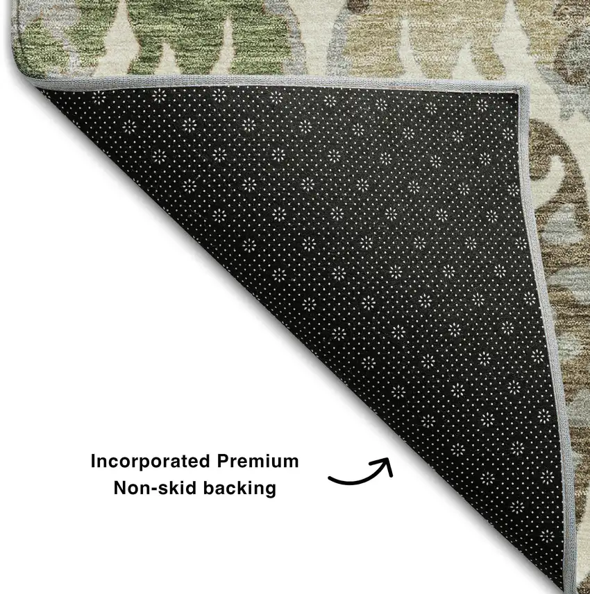 Ivory Olive Green And Brown Floral Washable Area Rug With UV Protection Photo 6