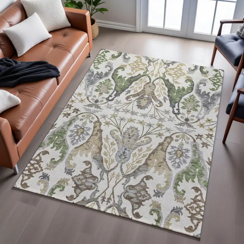 Ivory Olive Green And Brown Floral Washable Area Rug With UV Protection Photo 5