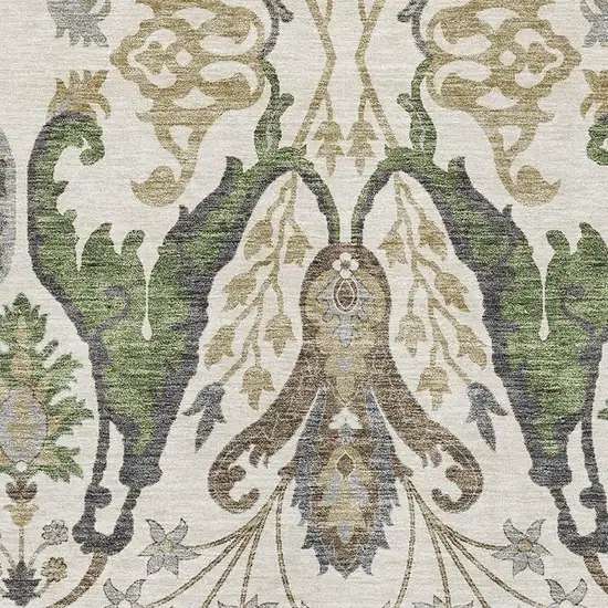 Ivory Olive Green And Brown Floral Washable Area Rug With UV Protection Photo 2