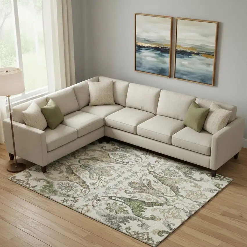 Ivory Olive Green And Brown Floral Washable Area Rug With UV Protection Photo 2