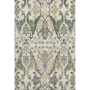 Photo of Ivory Olive Green And Brown Floral Washable Area Rug With UV Protection