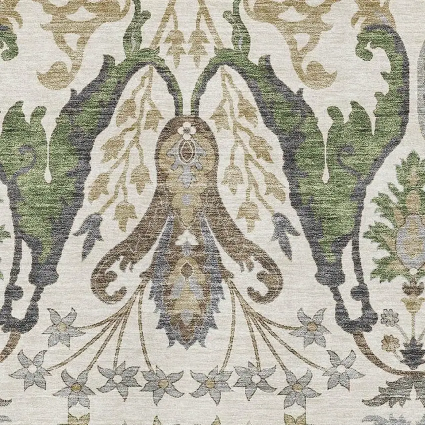 Ivory Olive Green And Brown Floral Washable Area Rug With UV Protection Photo 2