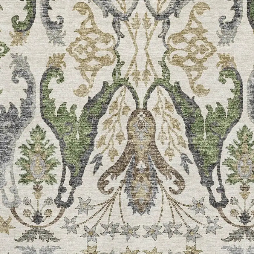 Ivory Olive Green And Brown Floral Washable Area Rug With UV Protection Photo 3