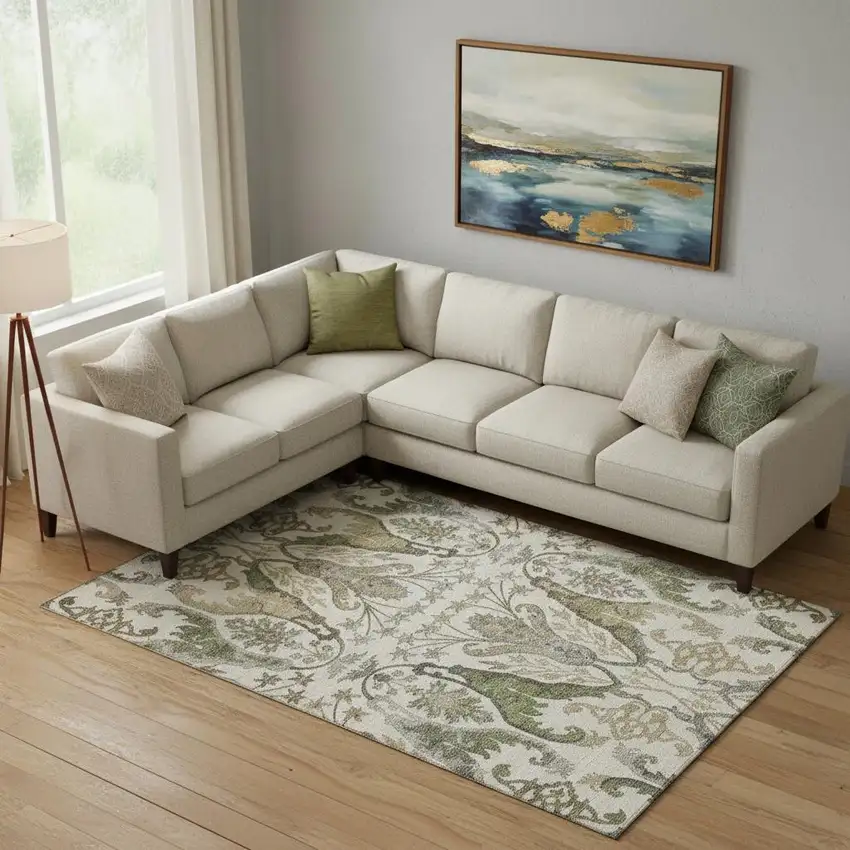 Ivory Olive Green And Brown Floral Washable Area Rug With UV Protection Photo 2