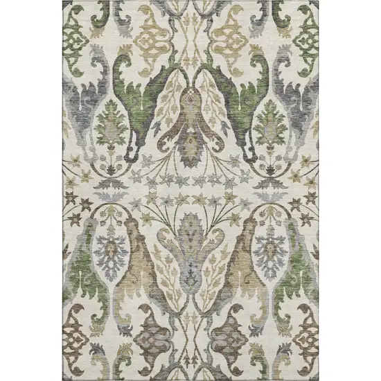 Ivory Olive Green And Brown Floral Washable Area Rug With UV Protection Photo 1