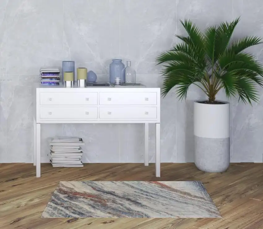 Ivory Orange And Blue Abstract Power Loom Stain Resistant Area Rug Photo 2