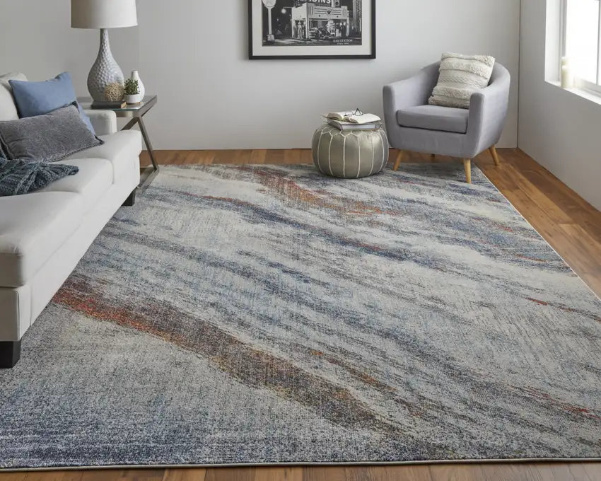 Ivory Orange And Blue Abstract Power Loom Stain Resistant Area Rug Photo 6