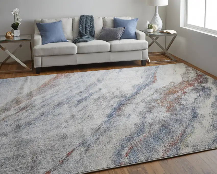 Ivory Orange And Blue Abstract Power Loom Stain Resistant Area Rug Photo 8