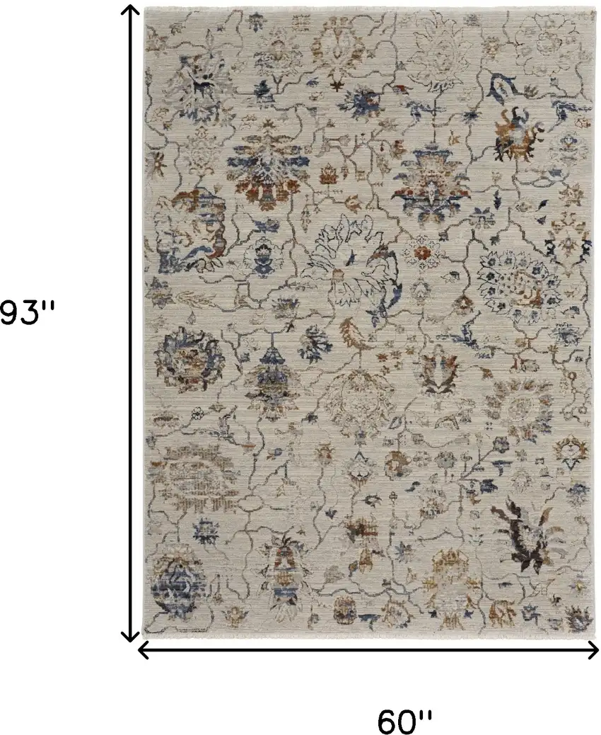 Ivory Orange And Blue Floral Power Loom Distressed Area Rug With Fringe Photo 10