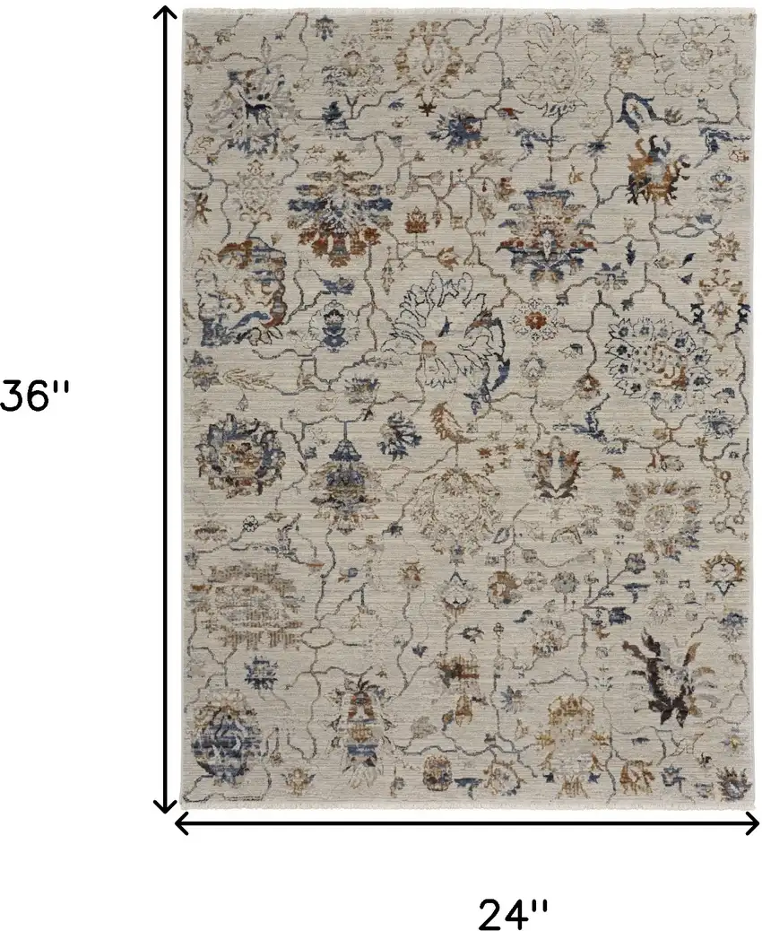 Ivory Orange And Blue Floral Power Loom Distressed Area Rug With Fringe Photo 10