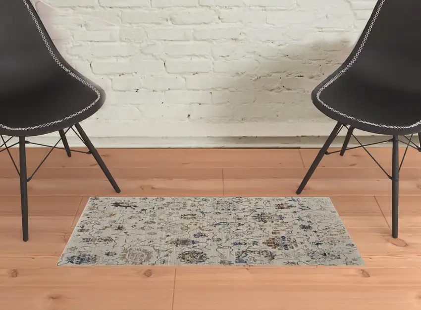 Ivory Orange And Blue Floral Power Loom Distressed Area Rug With Fringe Photo 8