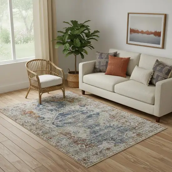 Gray Blue And Burnt Orange Oriental Distressed Area Rug With Fringe Photo 1