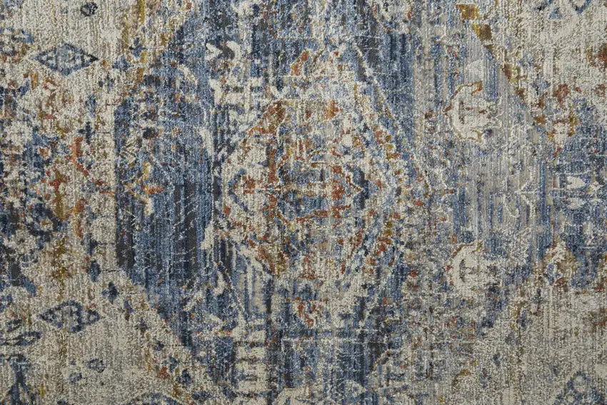 Ivory Orange And Blue Floral Power Loom Distressed Area Rug With Fringe Photo 9