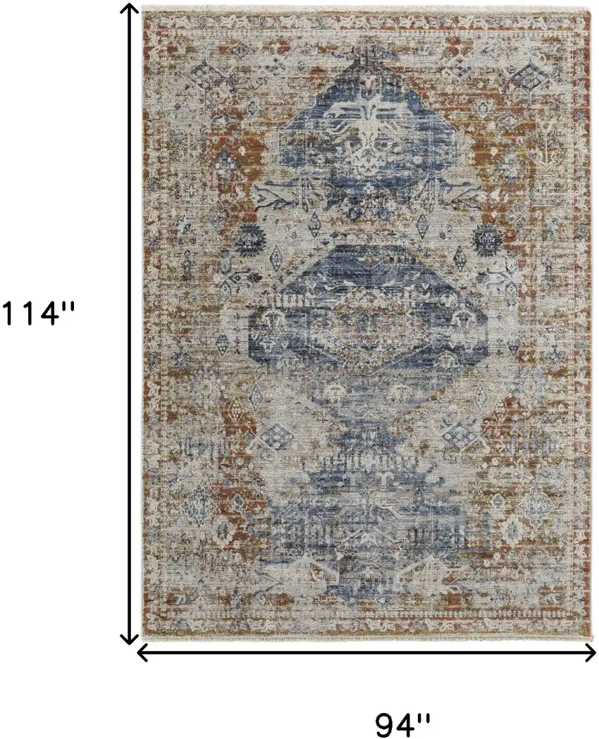 Ivory Orange And Blue Floral Power Loom Distressed Area Rug With Fringe Photo 10