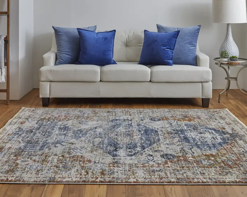 Ivory Orange And Blue Floral Power Loom Distressed Area Rug With Fringe Photo 7