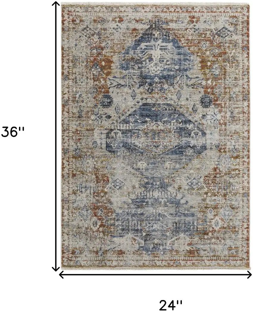 Ivory Orange And Blue Floral Power Loom Distressed Area Rug With Fringe Photo 10