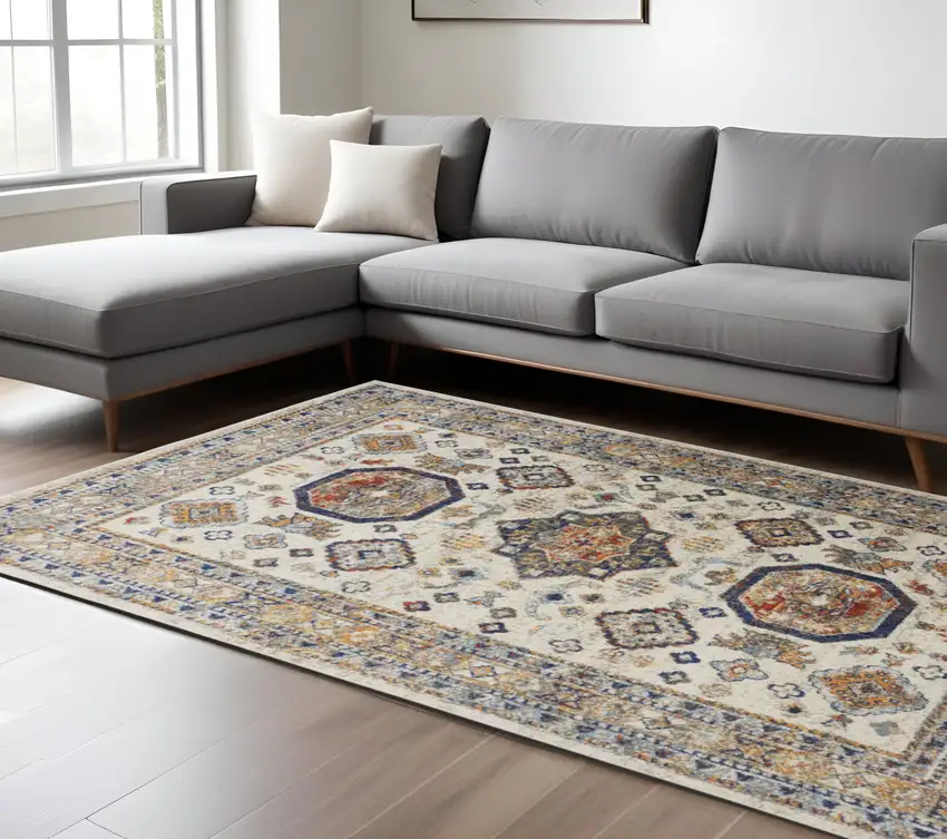 Ivory and Blue Floral Non Skid Area Rug Photo 1