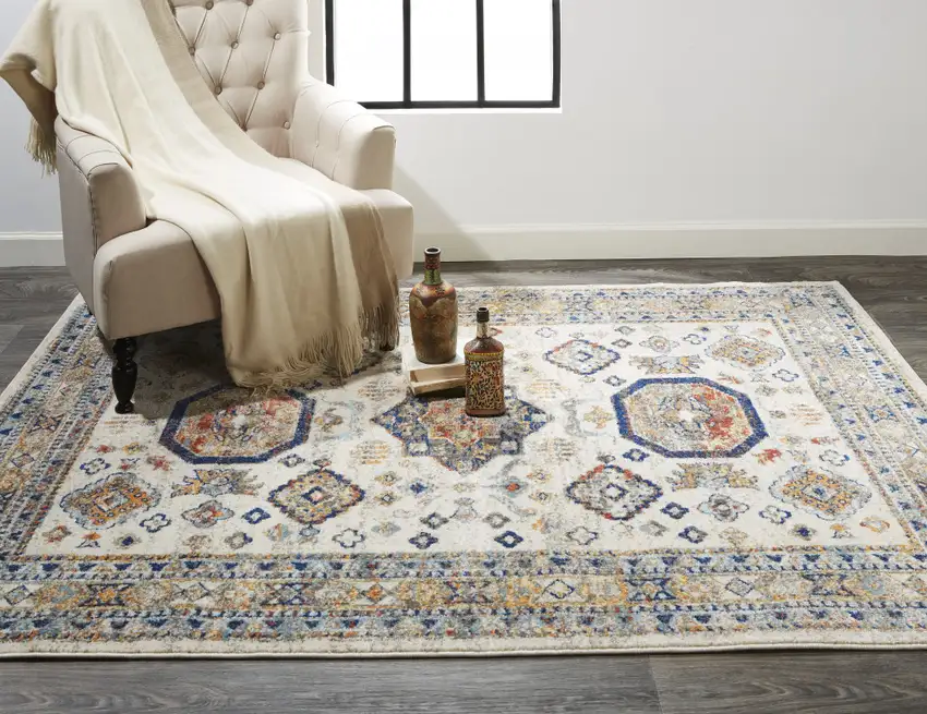 Ivory Orange And Blue Floral Stain Resistant Area Rug Photo 8