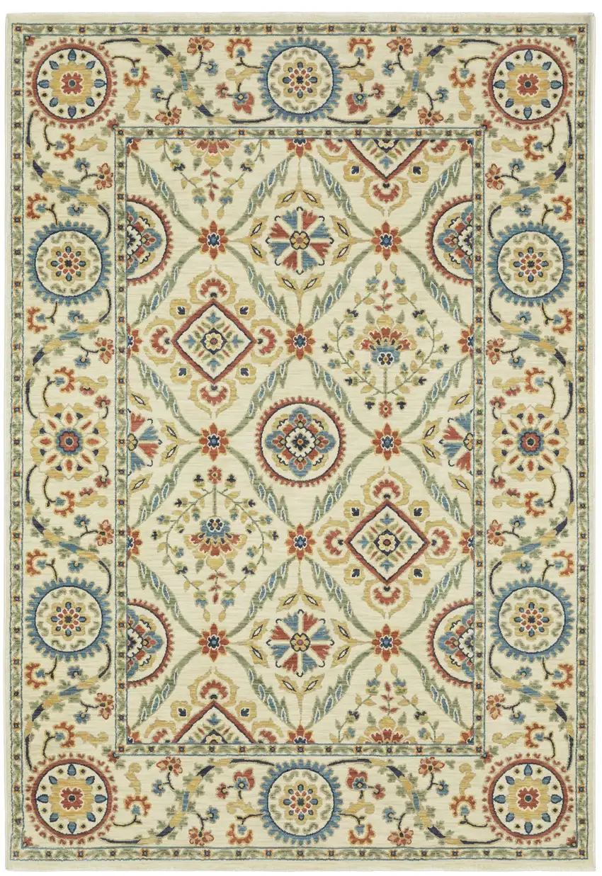 Ivory Orange And Blue Oriental Area Rug With Fringe Photo 4