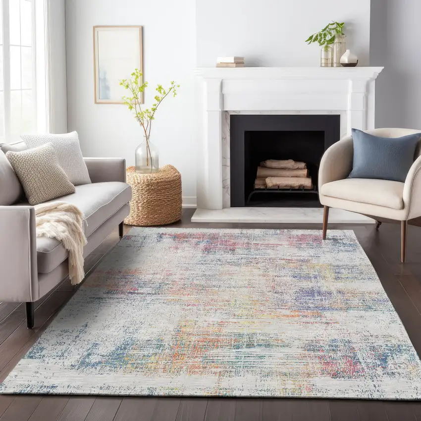 Ivory Orange And Blush Abstract Washable Indoor Outdoor Area Rug Photo 8
