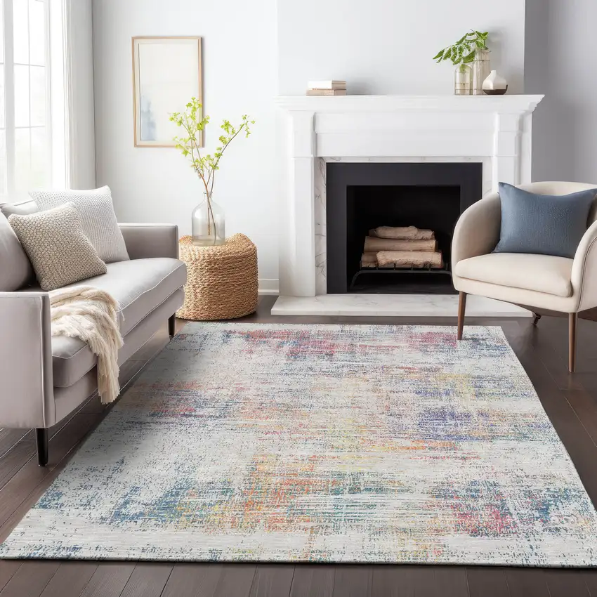 Ivory Orange And Blush Abstract Washable Indoor Outdoor Area Rug Photo 6