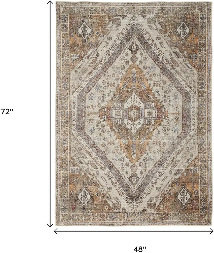 Brown Ivory And Orange Medallion Area Rug Photo 3