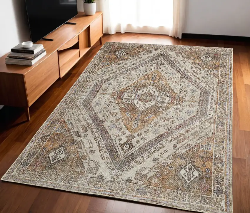 Ivory Blue and Orange Medallion Distressed Washable Area Rug Photo 2