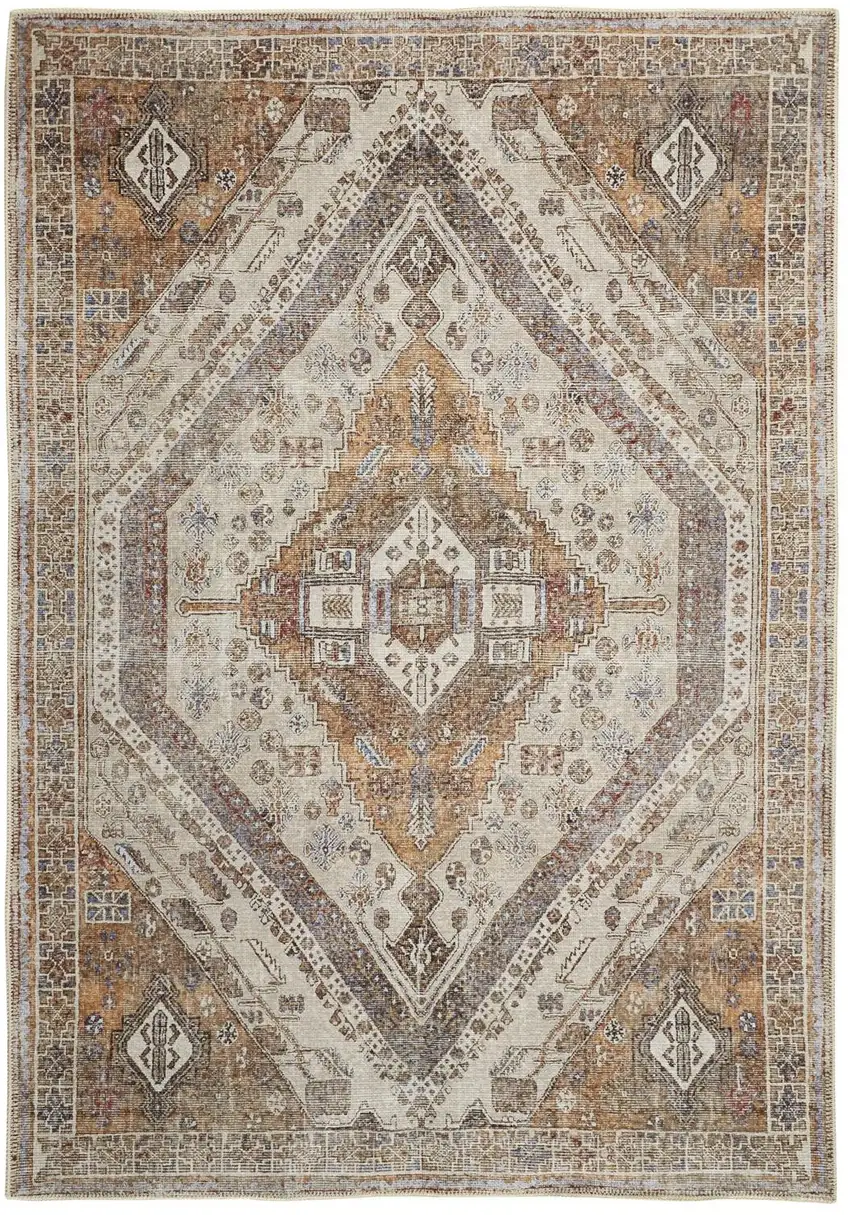 Ivory Blue and Orange Medallion Distressed Washable Area Rug Photo 1
