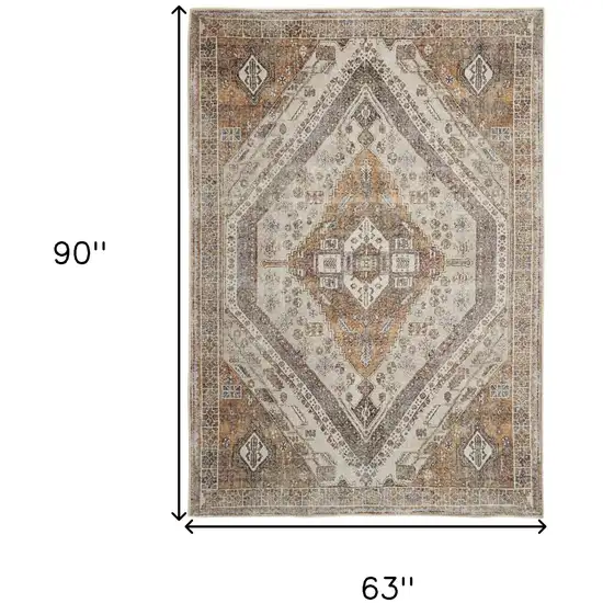 Brown Ivory And Orange Medallion Distressed Washable Area Rug Photo 3