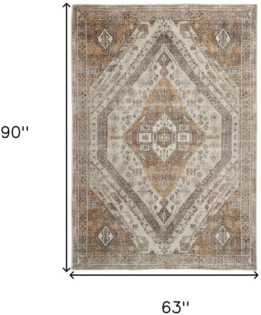 Brown Ivory And Orange Medallion Distressed Washable Area Rug Photo 3