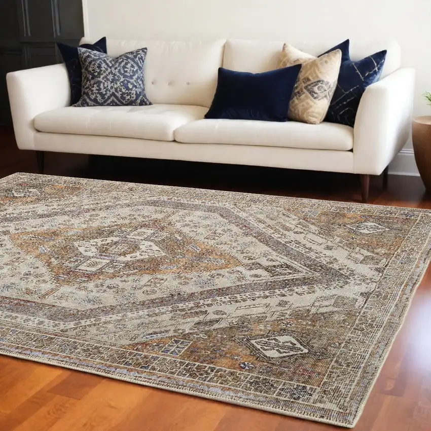 Brown Ivory And Orange Medallion Distressed Washable Area Rug Photo 1