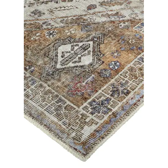 Brown Ivory And Orange Medallion Distressed Washable Area Rug Photo 5