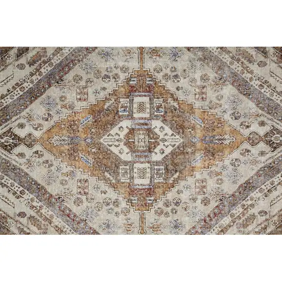 Brown Ivory And Orange Medallion Distressed Washable Area Rug Photo 6