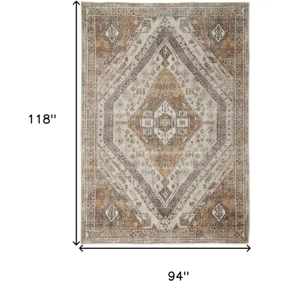 Brown Ivory And Orange Medallion Distressed Washable Area Rug Photo 3