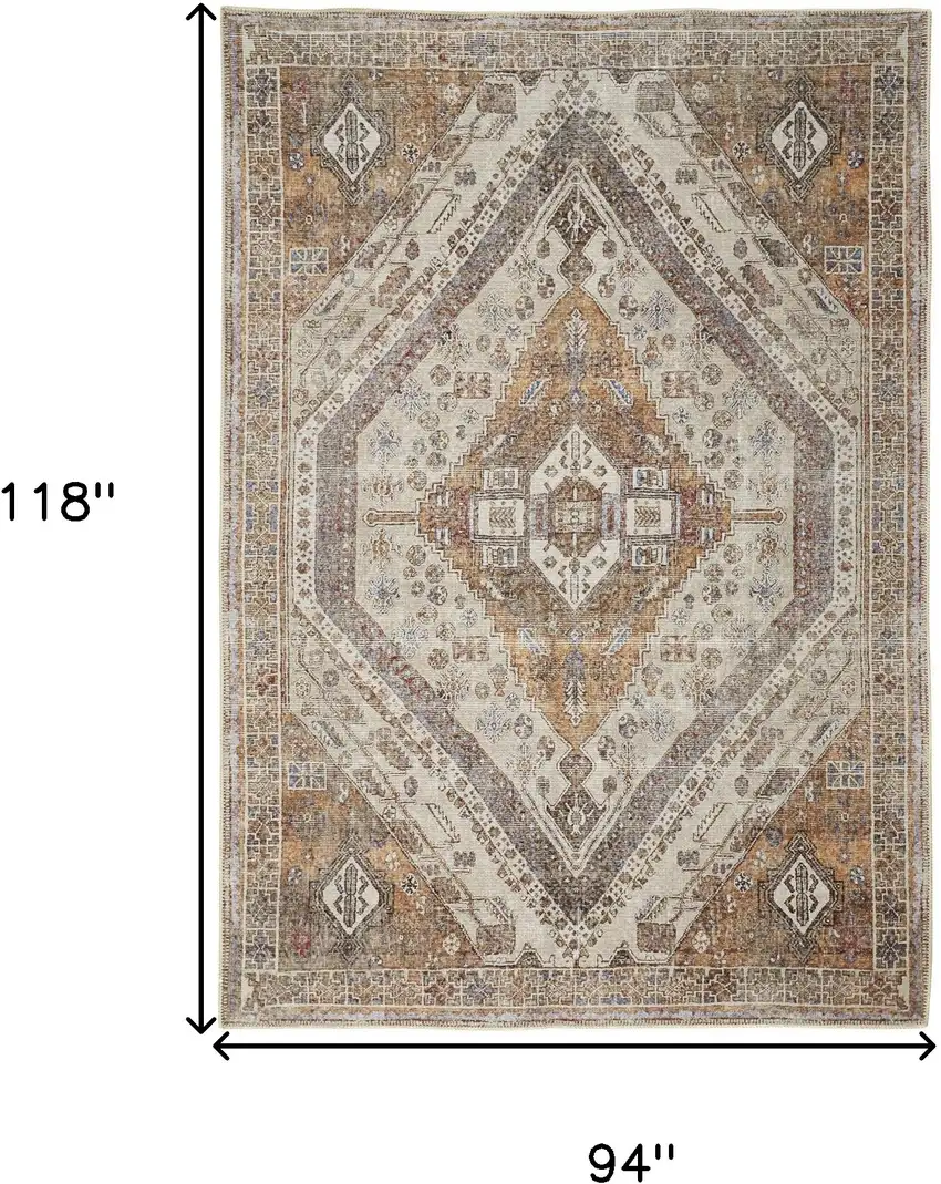 Brown Ivory And Orange Medallion Distressed Washable Area Rug Photo 3