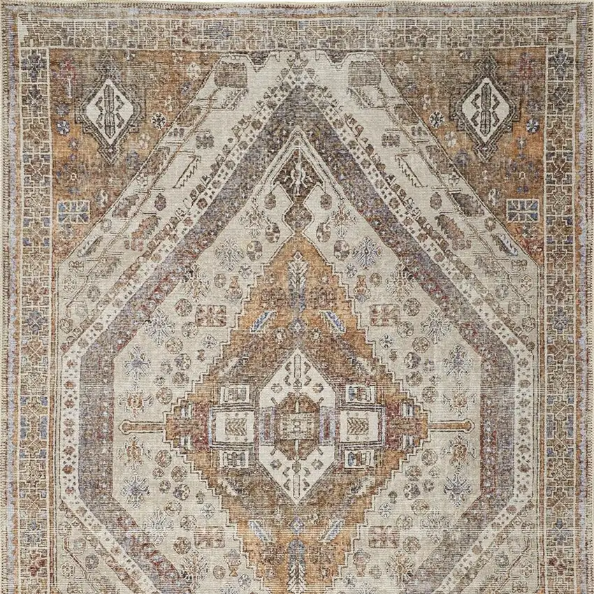 Brown Ivory And Orange Medallion Distressed Washable Area Rug Photo 9