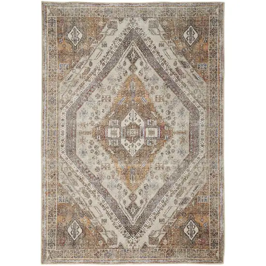 Brown Ivory And Orange Medallion Distressed Washable Area Rug Photo 2