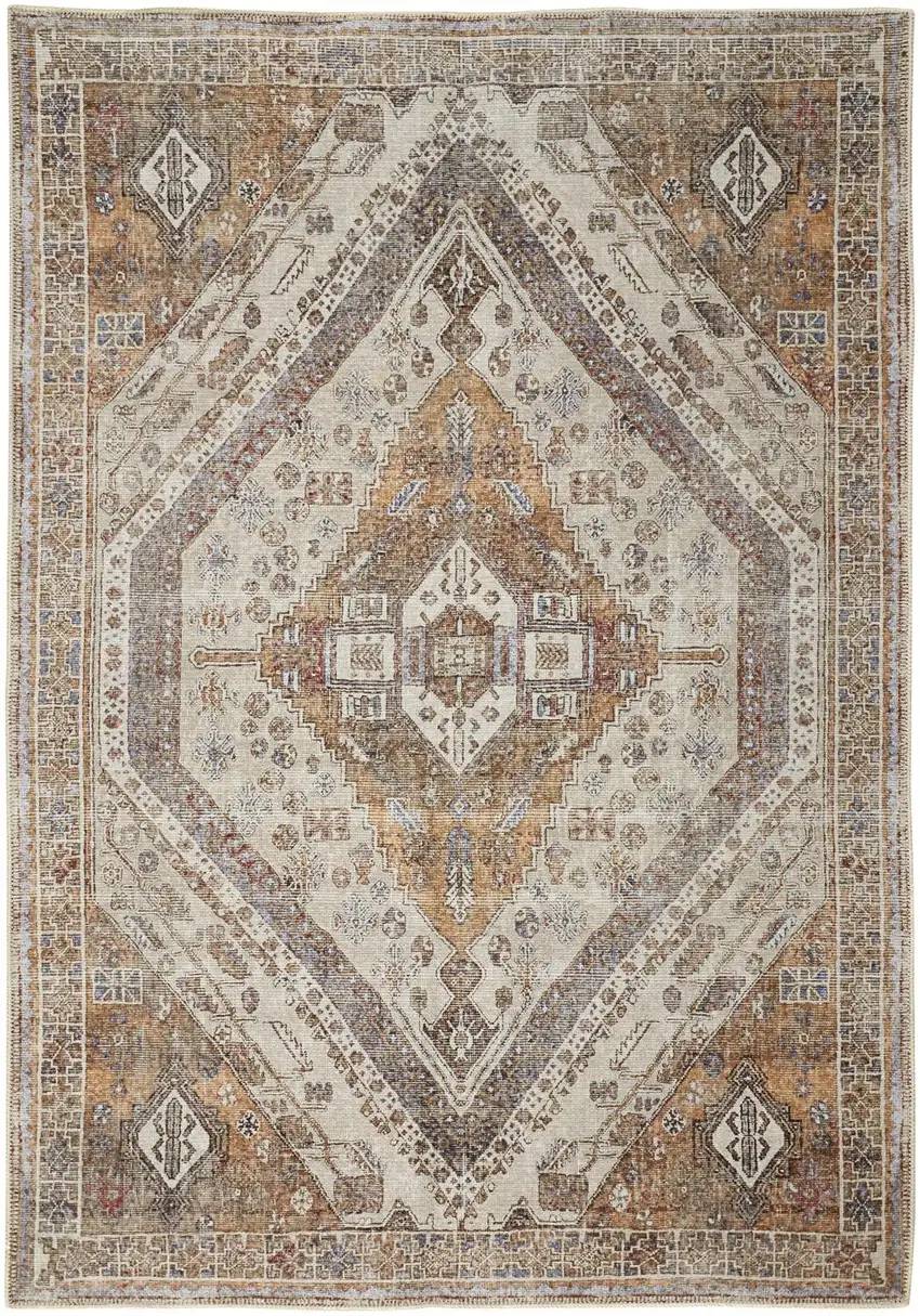 Brown Ivory And Orange Medallion Distressed Washable Area Rug Photo 2