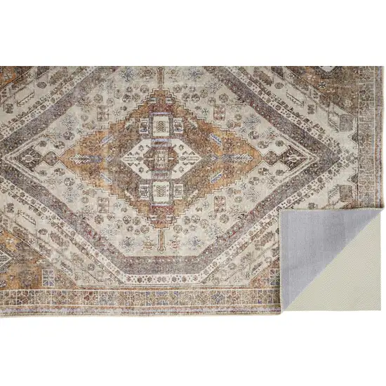 Brown Ivory And Orange Medallion Distressed Washable Area Rug Photo 4