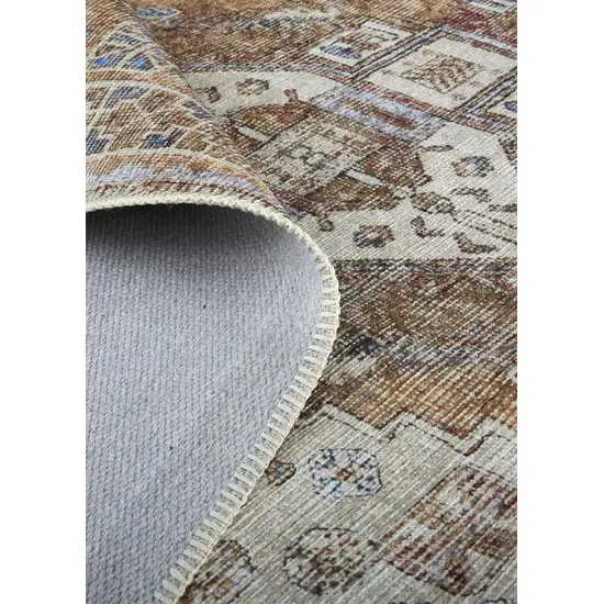 Brown Ivory And Orange Medallion Distressed Washable Area Rug Photo 7