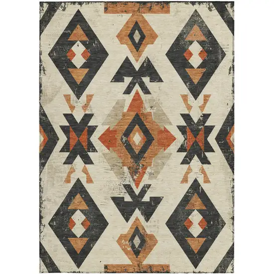 Ivory Orange And Charcoal Aztec Washable Indoor Outdoor Area Rug Photo 4